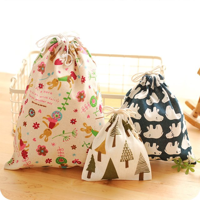 pitrice Cotton Blend Linen Home Storage Travel Use Printing Bag with the Drawstring