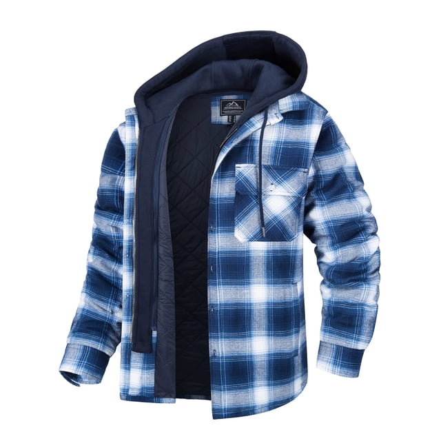 MAWCLOS Men's Flannel Hooded Coat Winter Plaid Jackets in Sky Blue, size 4XL. This men's outerwear features a quilted lining, long sleeves, and a hip-length design. Made from 65% polyester and 35% cotton, it has a hooded neckline, button-up closure, and plaid pattern. Ideal for casual wear, traveling, winter outdoor activities, and pairing with jeans or boots.