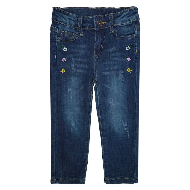 KIDSCOOL SPACE Little Girls Jeans,Elastic Band Inside Embroidered Ripped Stretchy Soft Denim Slim Pants,4-5 Years
