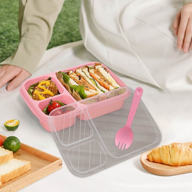 Boîte à Lunch en Plastique à 3 Compartiments pour Bureau - Boîte Bento Étanche Compatible Micro-Ondes avec Contenants Divisés, Contenant de Rangement Alimentaire Portable (9.29x5.98x2.17 Po Rose)
