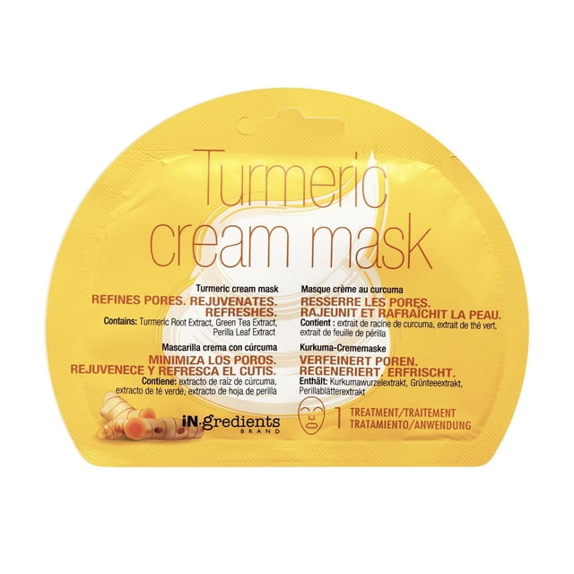 iN.gredients Turmeric Cream Mask in a yellow curved sachet package with turmeric root illustrations and multilingual text describing its pore-refining, rejuvenating, and refreshing skin treatment properties using turmeric, green tea, and perilla leaf extracts.