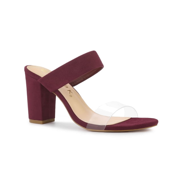 BLISSFUL STEP Women's Dual Clear Strap Chunky Heel Mules Slides Sandals Burgundy 9
