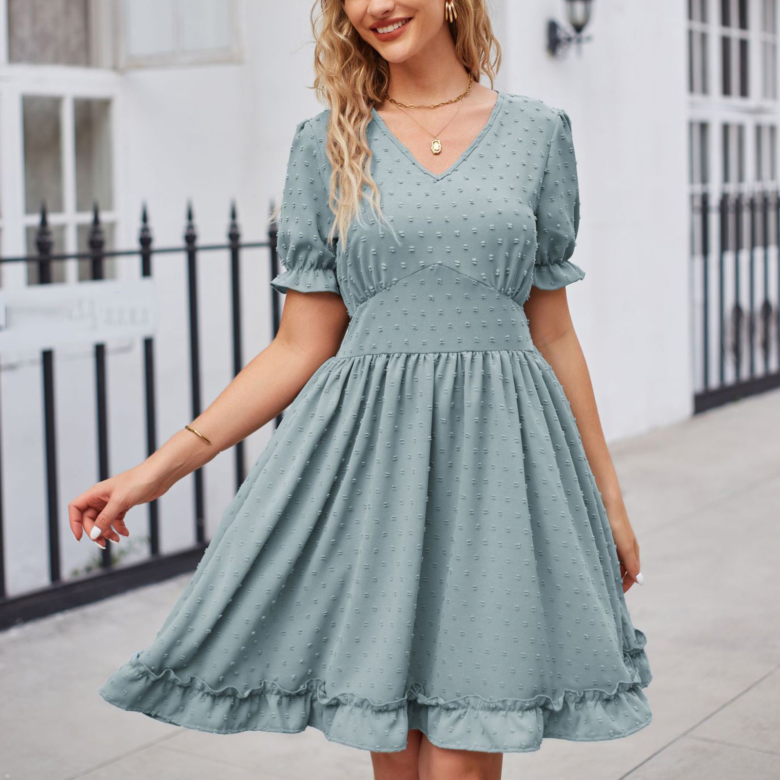 V Neck Chiffon Dress, Short Sleeve Mini Dress, Solid Color