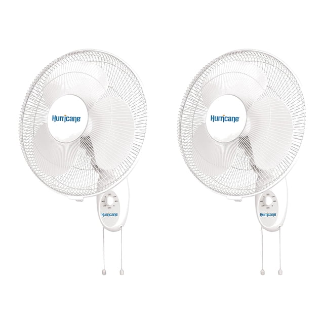 Hurricane Supreme 16 Inch 90 Degree Oscillating 3 Speed Wall Fan (2 Pack) shown in a front-facing view. Each fan features a white polypropylene blade design with a metal grill and a sturdy steel neck support. The fans include pull cords and a turn dial for speed control, offering three speed settings and adjustable tilt for customized airflow. Designed for wall mounting, these fans provide 90-degree oscillation and are ideal for compact indoor spaces such as homes, garages, and workshops. Each fan comes with a hanging bracket and a 5-foot power cord for flexible placement.