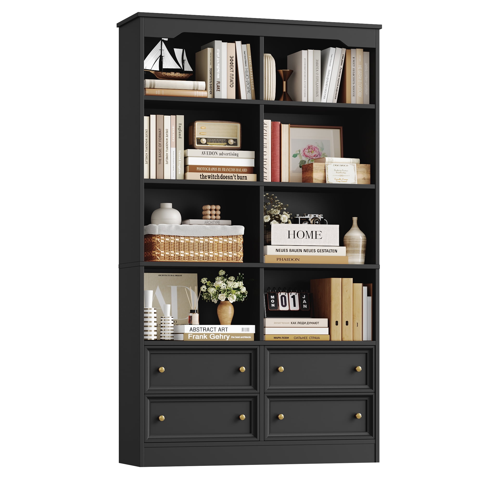 Homfa Double Row 6 Tier Bookcases, 71 in Tall Bookcase Bookshelf with 4 Drawers and 8 Display Cubicles, for Home Office Living Room, Black