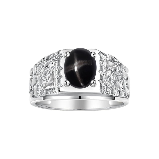 RYLOS Men's Rings Sterling Silver Designer Nugget Ring Oval 9X7MM Gemstone & Diamonds Black Star Sapphire Birthstone Rings For Man Size 13
