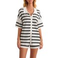 thumbnail image 2 of FOCUSNORM Women Pajamas Set 2 Pieces Loungewear Suits Stripe Contrast Color Button Crochet Knit Tops and Shorts Lounge Sets, 2 of 9