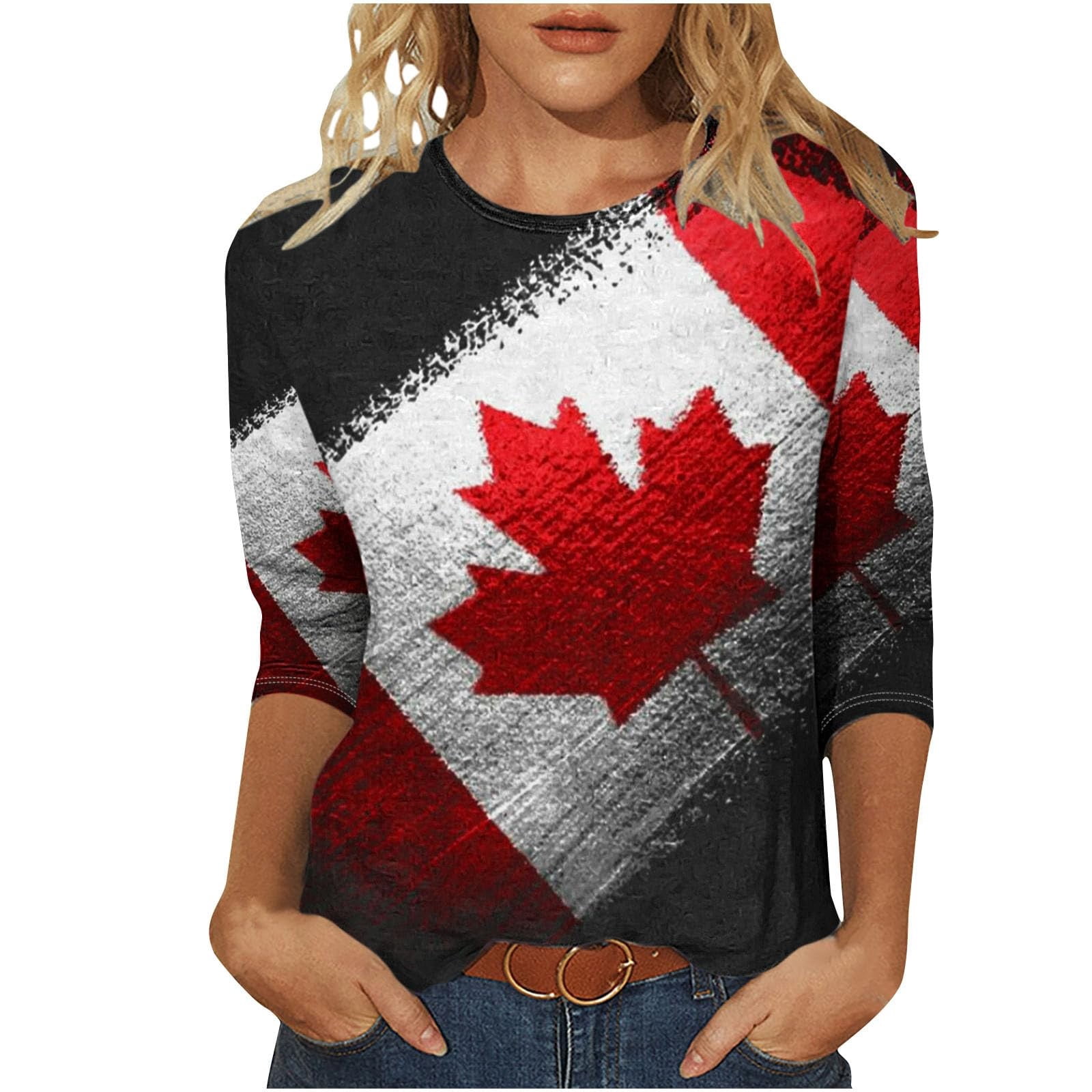 WEIYLL T-Shirts Chemises pour Femmes Manches 3/4 Fête du Canada Imprimé Feuille d'Érable Été Hauts Rouges Tailles m