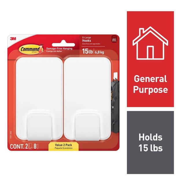 Command Hooks Jumbo et Très Grands, 17011-2EF, Deux Crochets Adhésifs Blancs Très Grands sur Emballage Rouge, Chacun Supportant jusqu'à 15 lb (6,8 kg) pour une Suspension Sans Dommages sur des surfaces Intérieures Lisses, Comprend 2 Hooks et 6 Grandes Bandes, Convient pour Organiser des Garde-Robes, des Murs et des Portes Sans Outils Ni Clous.