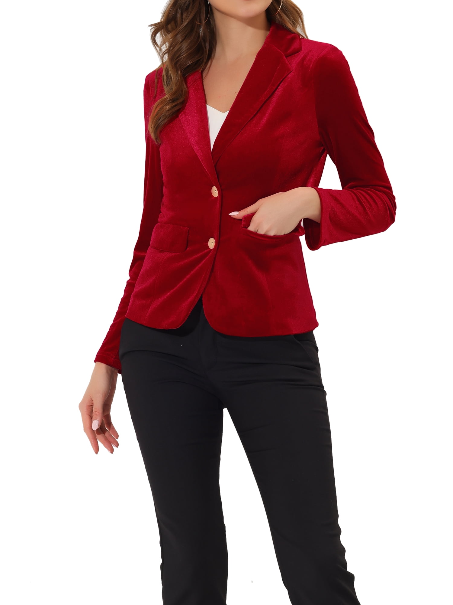 INSPIRE CHIC Blazer en Velours Vintage d'Halloween pour Femme, Revers Cranté, devant Boutonné, Veste de Bureau, TG, Rouge