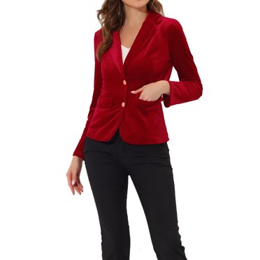 INSPIRE CHIC Women's Vintage Velvet Blazer Notched Lapel Button Front Wear-to-Work Jacket M Red