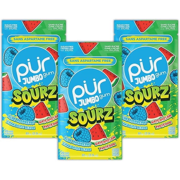 PUR Gomme SOURZ Jumbo, Framboise Bleue, Melon d'Eau, Sans Aspartame, Sans Sucre et Xylitol 100 %, Gomme à Mâcher, 20 Pcs, Lot de 3