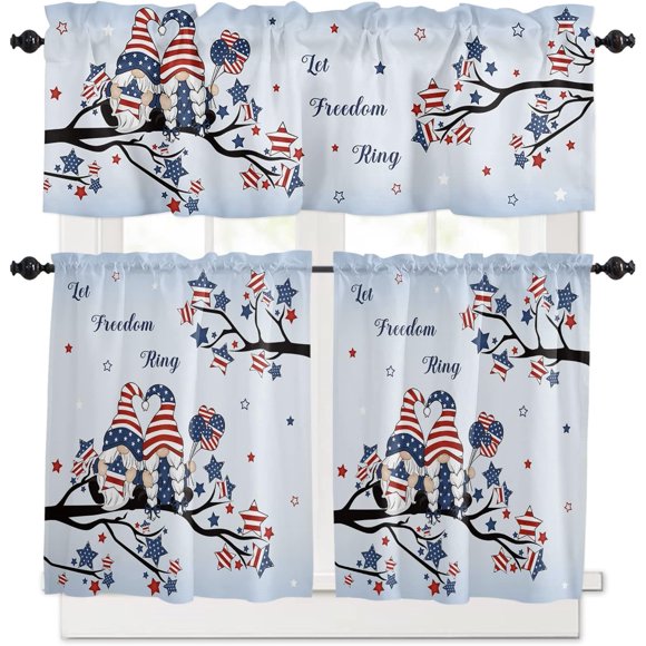 Ensemble de Rideaux de Cuisine Gnomes d'Arbre Étoile Bleu Rouge du 4 Juillet / Rideaux à Panneaux de 24 Pouces et Cantonnières Ombrées / Déco Maison Patriotique