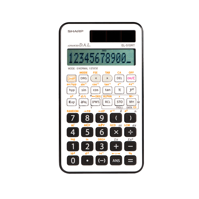SHARP EL510RT 10-Digit Scientific Calculator with 169 functions, featuring a large 1-line LCD display and Direct Algebraic Logic (D.A.L.) for entering formulas as they appear in textbooks. The calculator includes Normal and Statistical modes, a protective hard case, and twin power (solar and battery) for consistent use. Its compact design and durable gloss black finish with white accents make it ideal for students studying math, science, and pre-algebra.