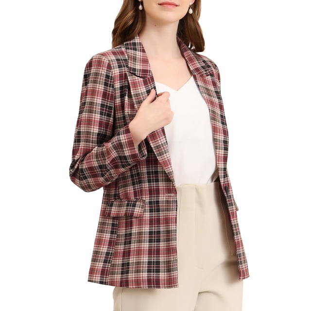 INSPIRE CHIC Blazers pour Femmes Revers Cranté Manches Longues un Bouton Blazer à Carreaux Brun Rouge TP