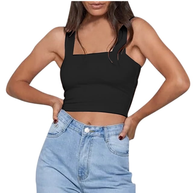 AherBiu Hauts Courts pour Femmes Col Carré Sans Manches Couleur Unie Extensible Coupe Ajustée Confortables Débardeurs de Sortie