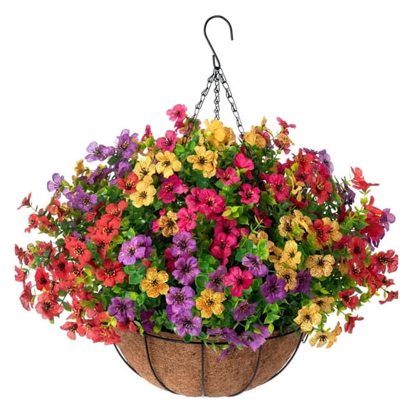 Décoration de Panier à Fleurs, Fleurs Suspendues Artificielles avec Panier Printemps Décoration Extérieure Extérieure Faux Soie Coloré dans Jardinière Aspect Réel Maison Porche Patio Balcon Cour Déco