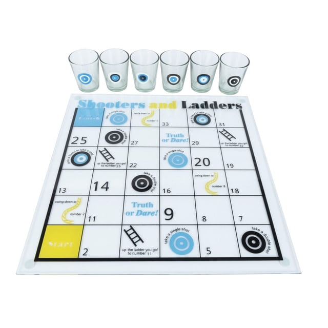 Perfect Solutions Drinking Game featuring a Shooters and Ladders board with numbered squares, ladders, and instructions like 'take a single shot' and 'Truth or Dare!' paired with six clear shot glasses decorated with blue, black, and white target designs, designed for adult party fun and easy storage.