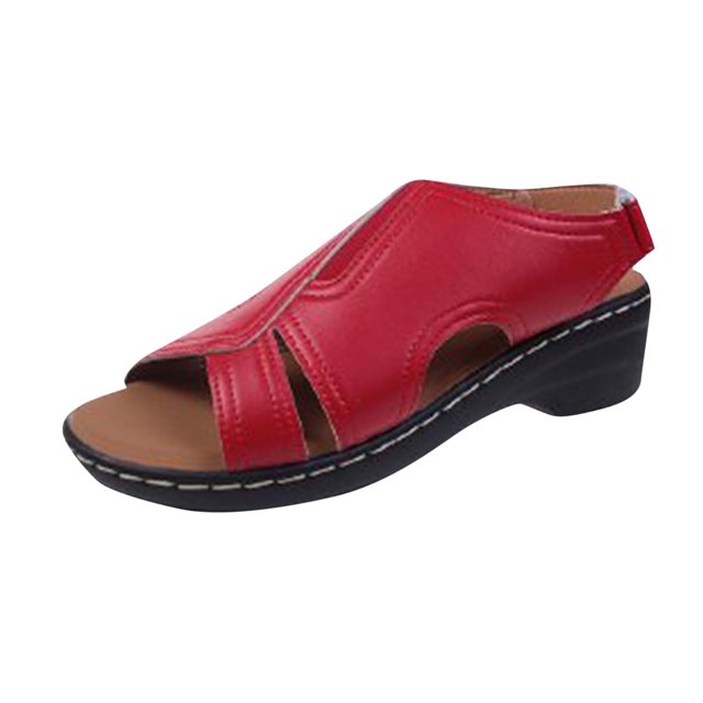 Wedge Sandals for Women Slingback Open Toe Side Cutout Soft Sole Non Slip Summer Leather Sandals Red