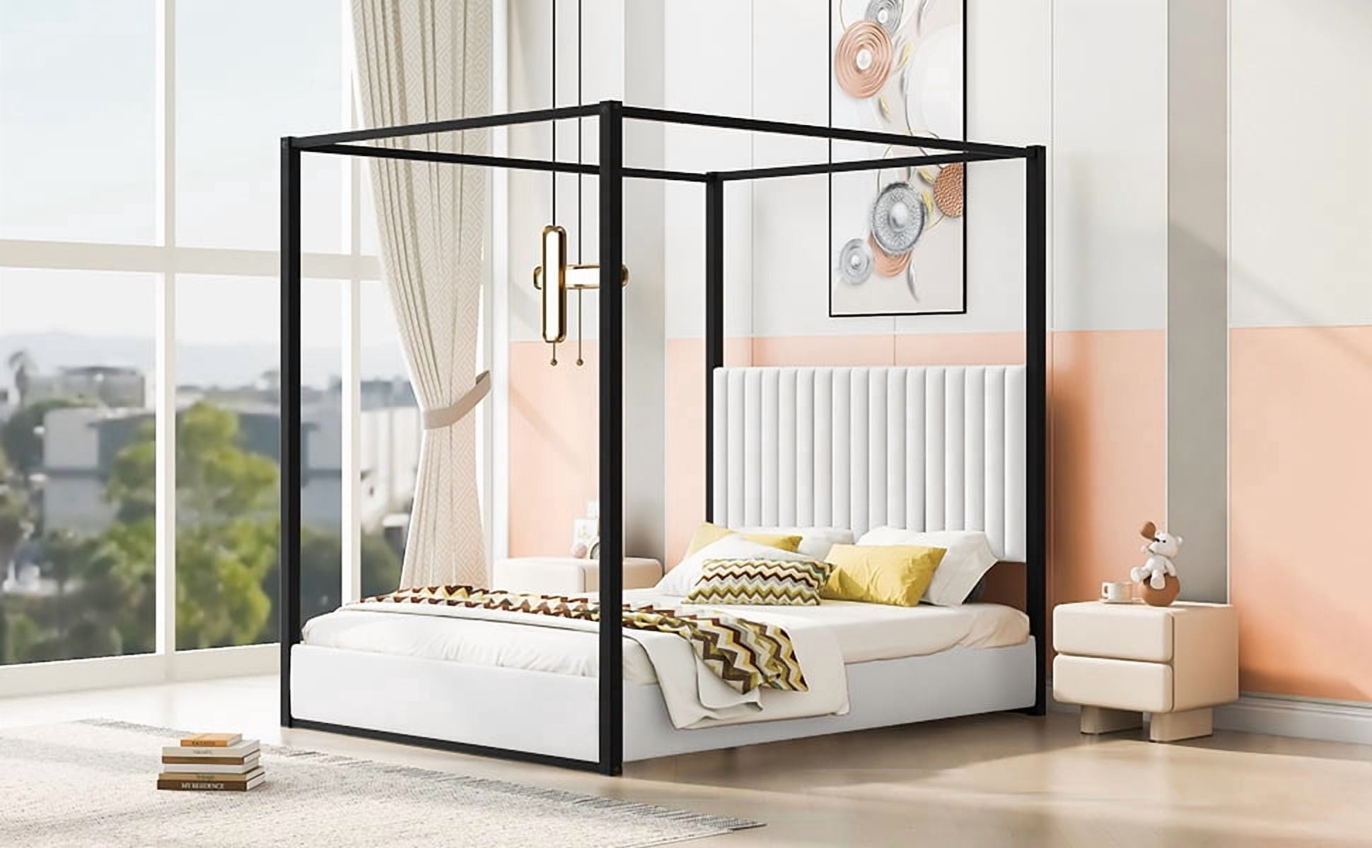 Noble House Queen Size Upholstery Canopy Platform Bed with Headboard and Metal Frame,White