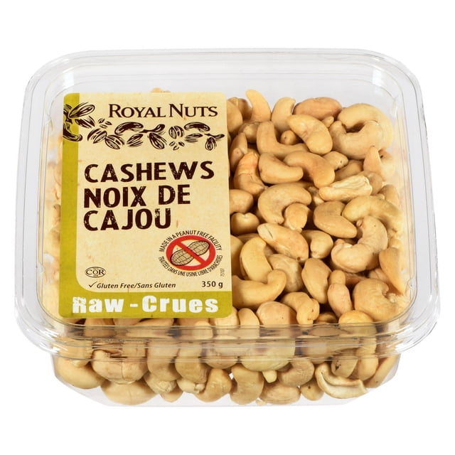 Royal Nuts Noix de Cajou Crues dans un Contenant en Plastique Transparent Rempli de Noix de Cajou Crues beige Pâle, Étiquetées Sans Gluten et Sans Arachides, Pesant 350 Grammes, Idéal comme Garniture de Noix Riche en Protéines pour Collations, desserts et Cornets de Crème Glacée.