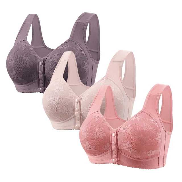 3 Pack Front Closure Bras for Women Front Button Closure Bra Full Coverage Bra Senior Front-Closing Wirefree Bra