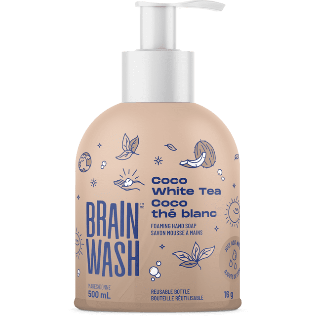 Bouteille de Savon Moussant pour les Mains avec Capsule de Départ - Thé Blanc Coco, Bouteille beige Réutilisable de 500 ml avec Distributeur à Pompe Blanc, Texte Bleu et illustrations de Noix de Coco et de Feuilles de Thé, Savon pour les Mains Biodégradable et Écoresponsable.
