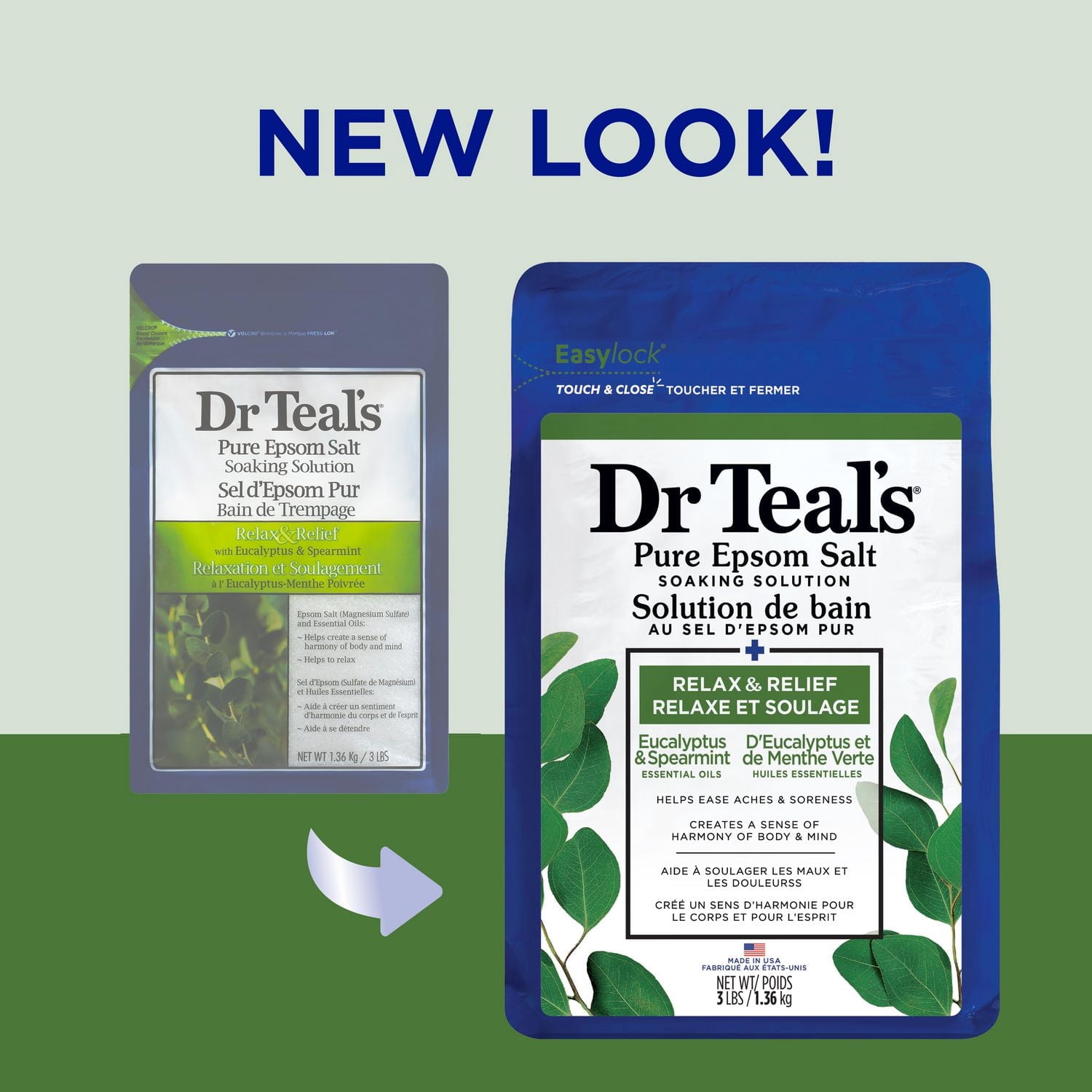 Dr Teal's Solution de bain au sel d'epsom pur, Relaxe et Soulage d'Eucalyptus et de Menthe Verte Huiles Essentielles, 1.36kg