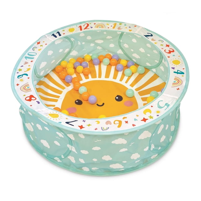Fosse à Balles Escamotable avec un Tapis Rembourré Circulaire de 35 Pouces avec un Motif de Soleil Souriant et un Mur en Maille Enveloppant Imprimé de Nuages Blancs et de Chiffres Colorés de 1 à 12. Comprend 50 Balles Colorées en Jaune, orange, Violet et Vert Menthe, Convient aux Bébés de 9 Mois et Plus et Facile à Installer et à Ranger.