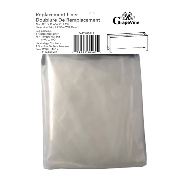 Grapevine Plastic Replacement Liner for Planter 11973Lu MO and 11996LU MO, clear rectangular plastic liner measuring 37 inches long, 12.6 inches wide, and 11.8 inches high, designed to protect square and rectangular planters from water damage, shown folded in packaging with product label and barcode, also suitable as a waterproof barrier for garden planters.