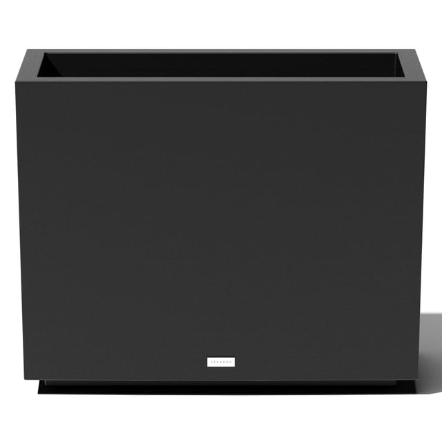 Veradek Block Series Span Short Plastic Planter in black, featuring a modern rectangular design with a smooth matte finish. Made from durable, fade-resistant polypropylene, this planter includes a removable insert bucket for easy planting and pre-drilled drainage holes. Ideal for patios, decks, or as a privacy divider, it is impact and crack-resistant, with double-walled construction for added durability. Designed to withstand extreme temperatures from -20 to +120 degrees.