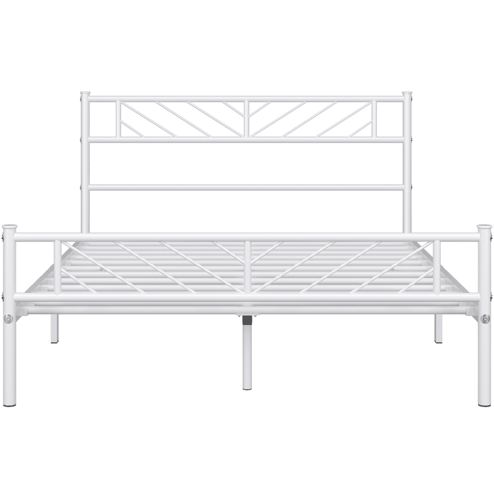 FullFurnique Minimalist Metal Platform Bed with Arrow Design Headboard for Adults, Full, White