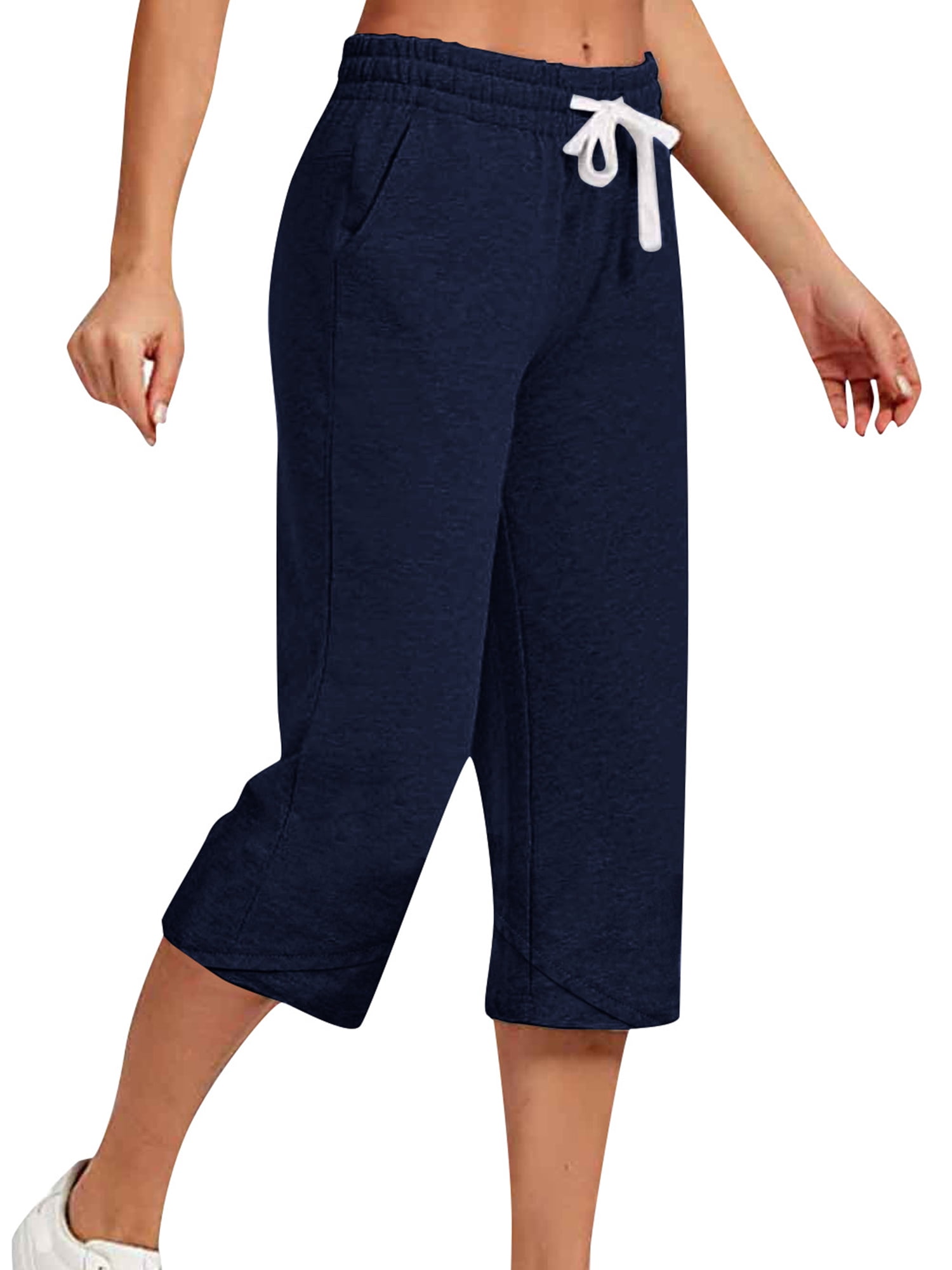 Innerwin Capris Solid Color Women Capri Pants Holiday Straight Leg Loose Fit Trousers Navy Blue S