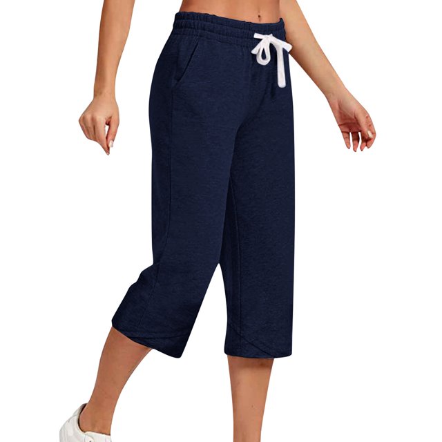Innerwin Women's Solid Color Straight Leg Loose Fit Capris, Navy Blue, M