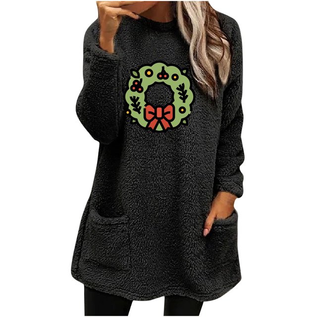 Timegard Tops for Women Fall Winter Fleece Linend Christmas Print Long Sleeve Thick Pullover with Pockets