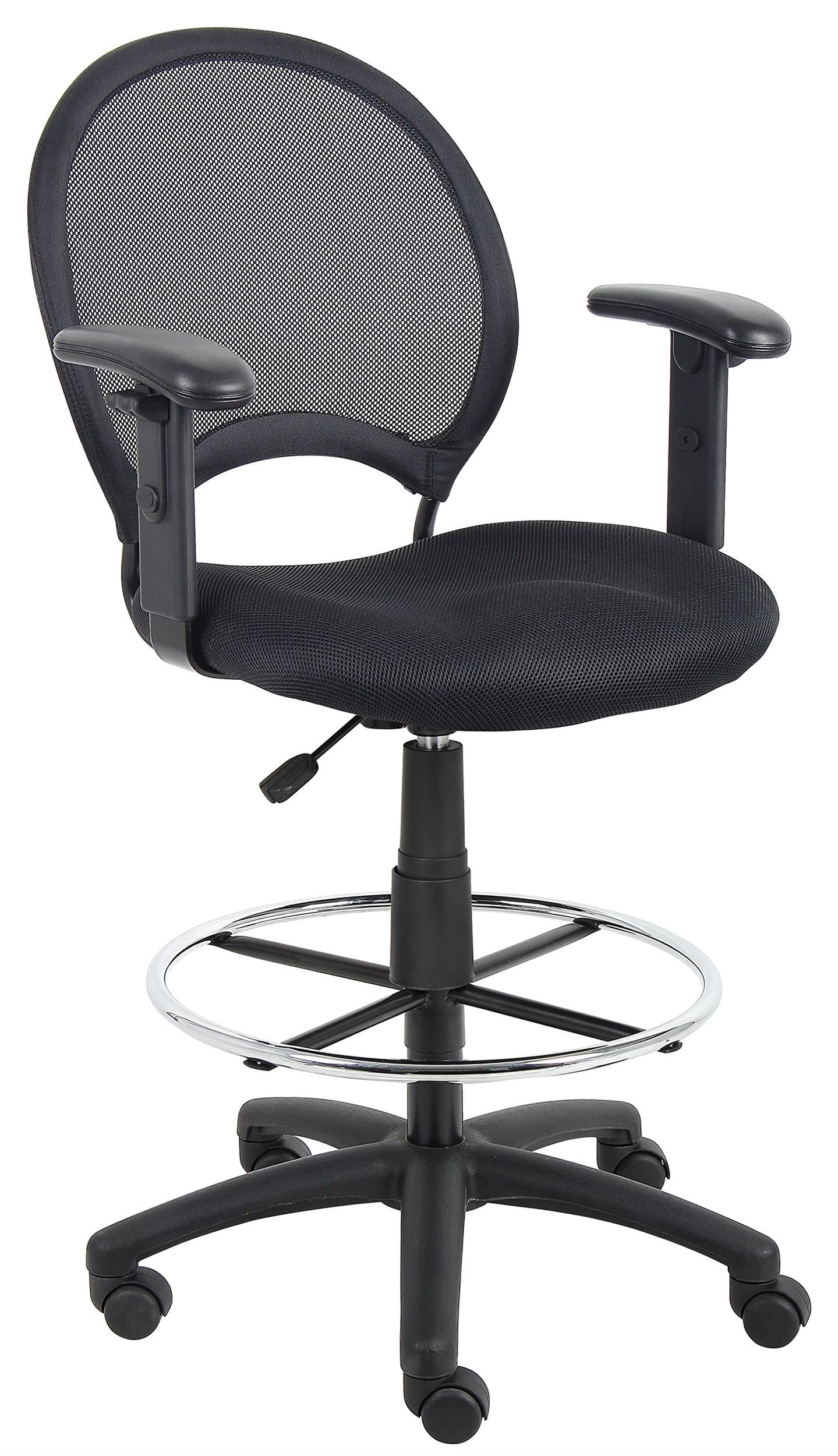Boss Office Mesh Back Fabric Drafting Chair with Adjustable Arms in Black
