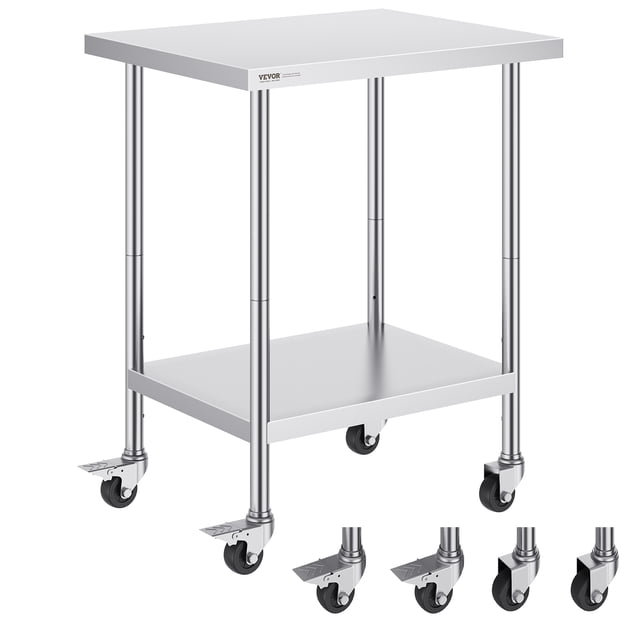 VEVOR stainless steel work table measuring 24 x 30 x 38 inches, featuring a durable SUS201 stainless steel construction with a smooth, rust-resistant surface. The table includes 4 swivel casters, 2 with brakes, for mobility and stability. It has 3 adjustable height levels and a lower shelf for additional storage. Ideal for commercial kitchens, restaurants, or versatile use in garages and workshops.