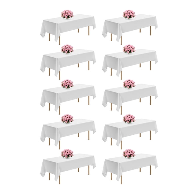 VEVOR white tablecloths for rectangle tables, 10 pack, each measuring 60 x 102 inches. Made from wrinkle-resistant polyester fabric, these reusable and machine-washable tablecloths are ideal for weddings, parties, and banquets. The image shows ten rectangular tables covered with white tablecloths, each adorned with a pink floral centerpiece.