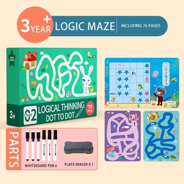 Cahier d'Entraînement avec Stylo de Contrôle F pour Enfants de Maternelle, Cahier d'Exercices Labyrinthe Logique Réutilisable pour 2 à 6 Ans, 76 Pages