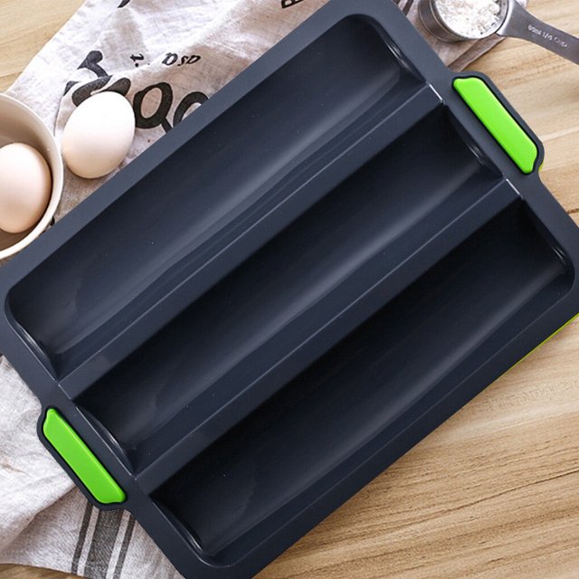 Plateau de Cuisson Baguette 3 Compartiments Plateau en Silicone Baguette Antiadhésif Moule à Pain Antiadhésif Portable, Vert Foncé