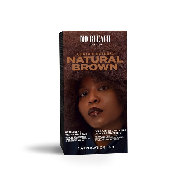 Bleach London Natural Brown Permanent Kit box with dark brown textured background and bold gold text stating Natural Brown, featuring permanent vegan hair dye for professional results and shine, designed for one application in shade 6.0.