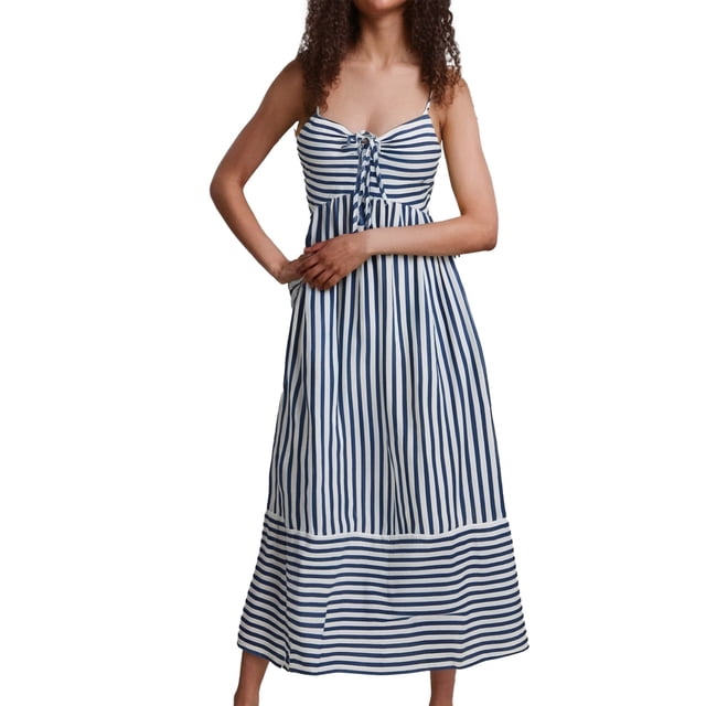 XDZJLR Robes pour Femmes Col en V Rayé à Bretelles Mode Détente Robe Sans Manches