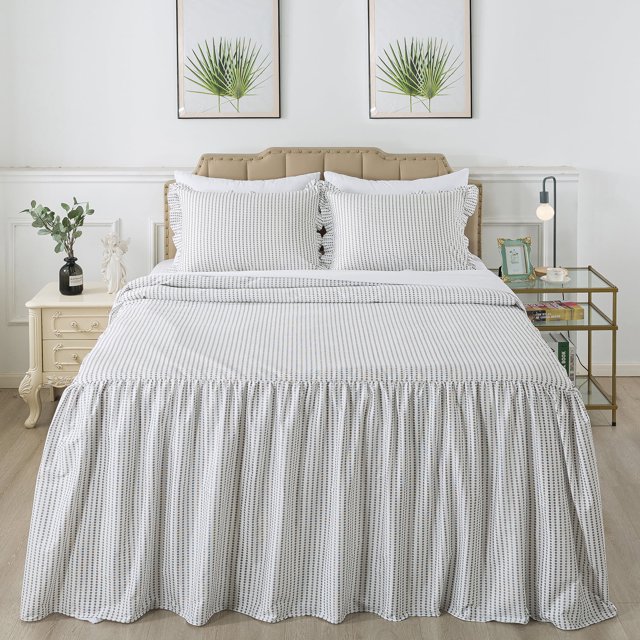 JML Full Ruffle Skirt Bedspread Set,3 Piece Ruffled Polka Dot Bedspread with 30" Drop