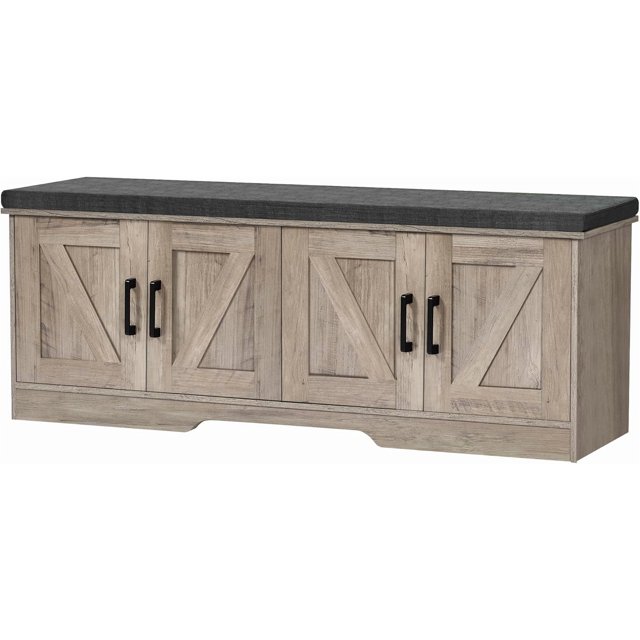 Storage Bench Shoe Bench with Padded Seat Cushion Entryway Bench with Barn Doors Adjustable Shelf for Entryway Living Room Bedroom