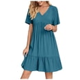 thumbnail image 1 of Robes à Volants pour Femmes Grande Taille Été à Manches Courtes Robe à Volants Décontractée Babydoll V Neck Robes pour Dames Bleu, 5TG, 1 of 7