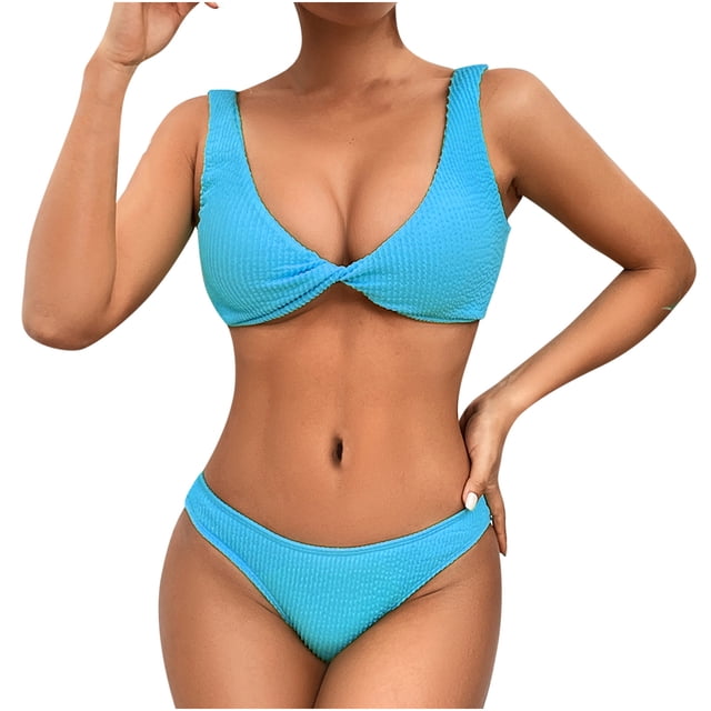 Penkiiy Women Triangle Halter Thong Bikini Set in blue, featuring a ruffled, sexy string two-piece design. The swimsuit is made of polyester with a soft, elastic, and durable fabric. The high-cut style and slim fit accentuate the figure, while the halter neck and thong bottom provide a flattering and stylish look. Suitable for swimming, beach outings, or vacations. Shown in a front-facing view on a model.