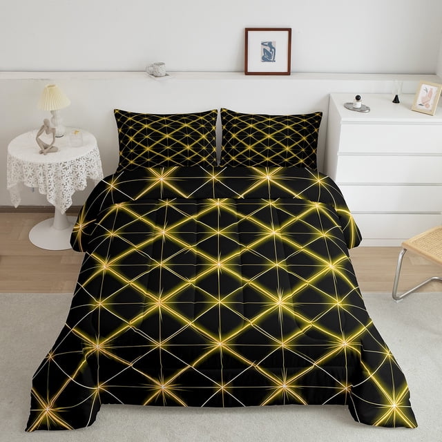 Erosebridal Neon Geometric Bedding Sets Twin with Comforter, Yellow Abstract Duvet Insert, Futuristic Honeycomb Decor, Reversible