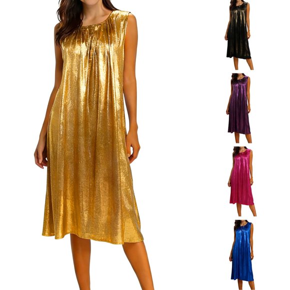 QIUOMBBP Womens Metallic Midi Dresses Sleeveless Crew Neck A Line Sundress Loose Casual Summer Dress for Party Black L