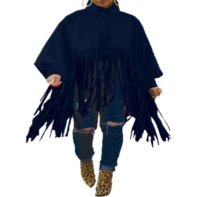 Womens Turtleneck Fringe Tops Solid Color Batwing Sleeve Plus Size Poncho Oversized Tassel Sweatshirt
