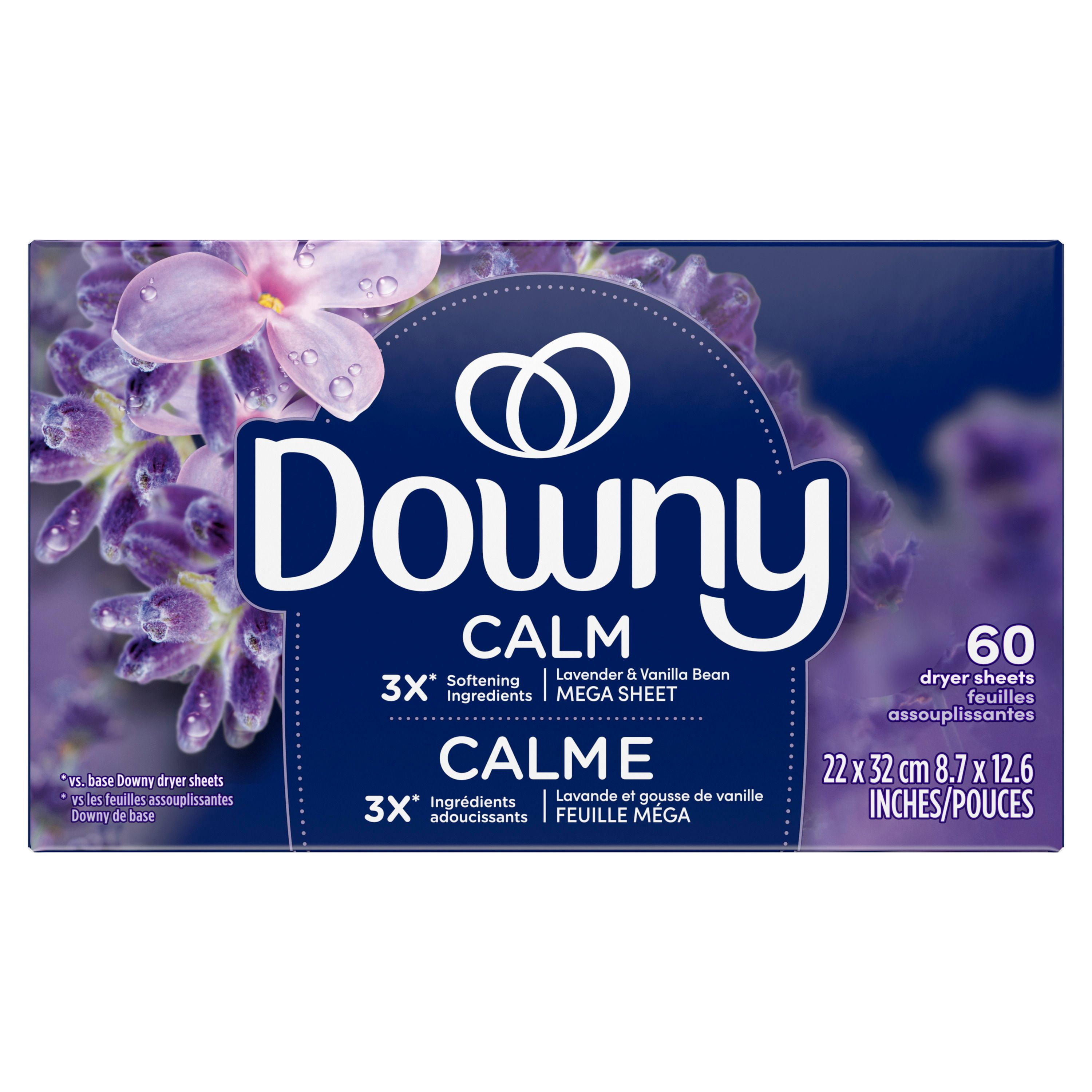 Downy Calme, Feuilles Assouplissantes Méga pour Sécheuse, Assouplissant pour la Lessive, Lavande et Gousse de Vanille 120CT
